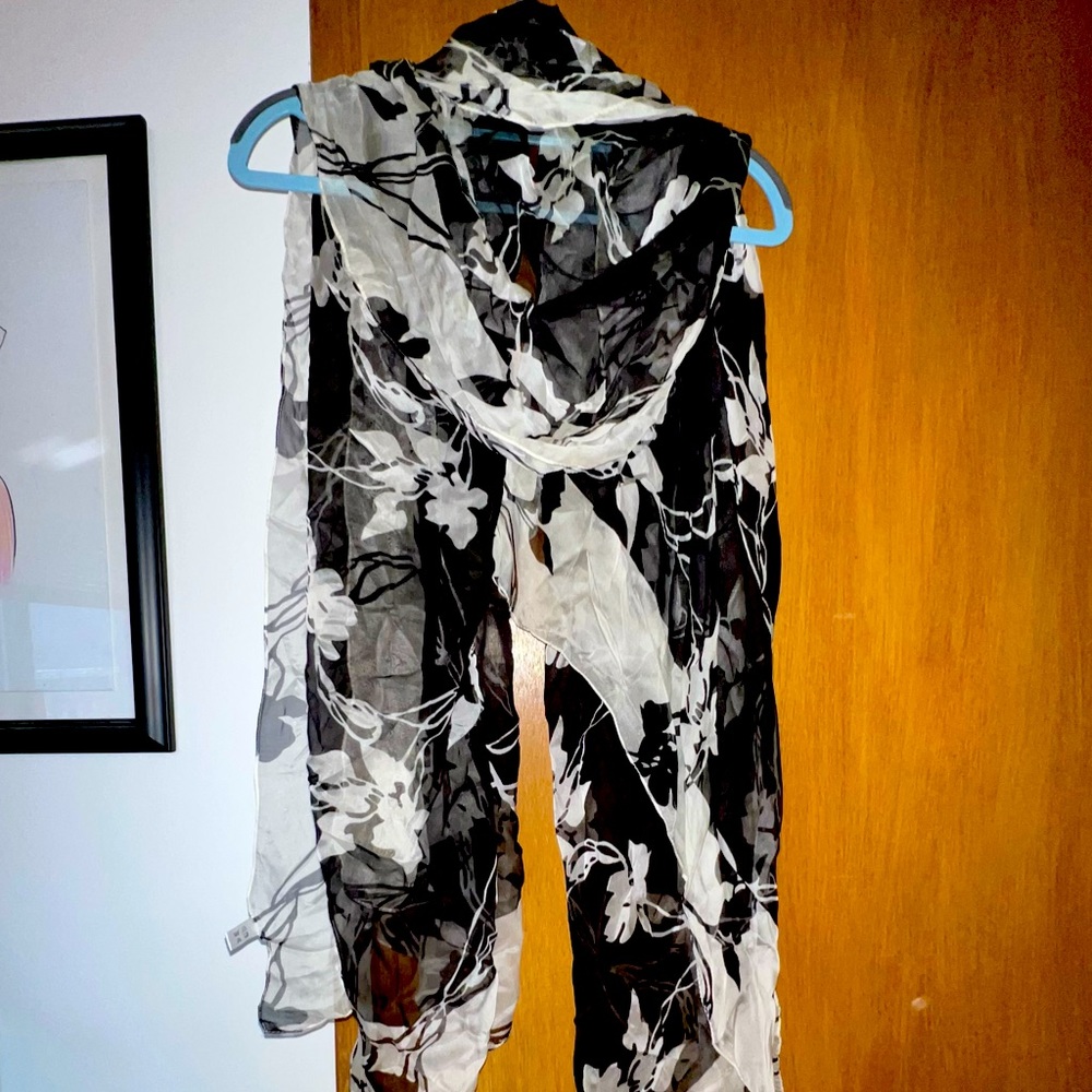 Black and white floral silk scarf.